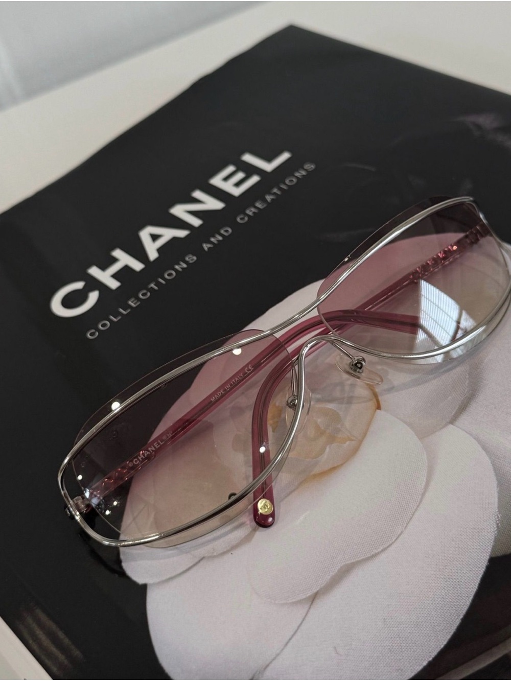 CHANEL Y2K tinted Pink Gradient Shield Sunglasses with Silver Frame